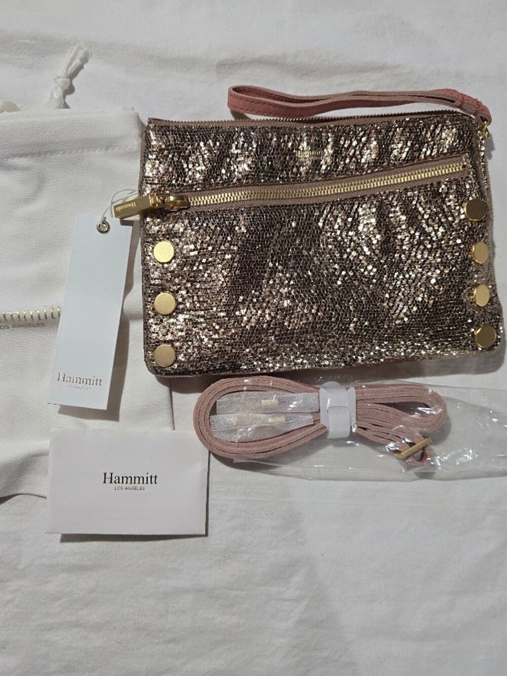 Hammitt Nash Small Crossbody Clutch Bag Pewter Leather Brushed Gold Hardware NWT